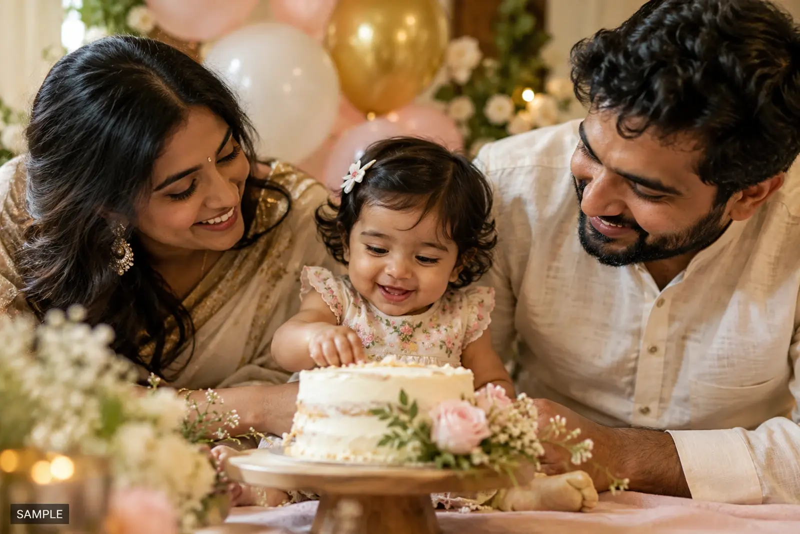 First birthday cake with one candle, balloons in soft focus