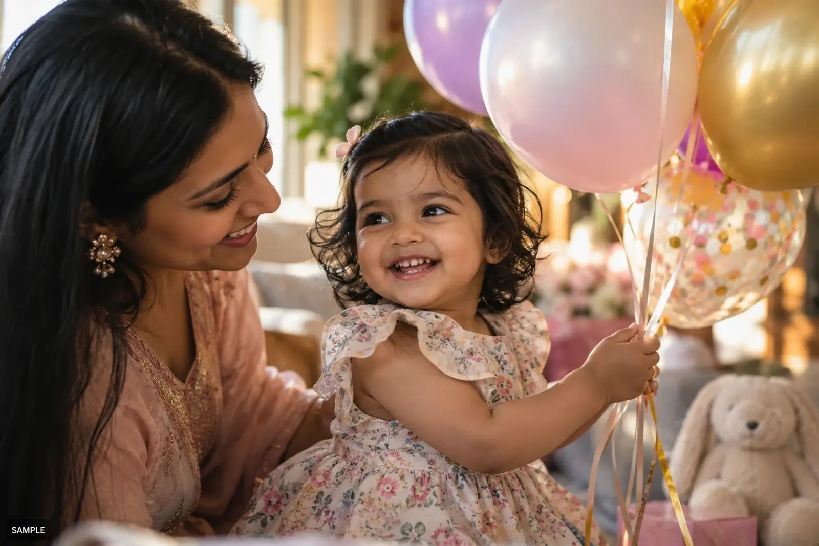 Balloons and a first birthday cake on a table