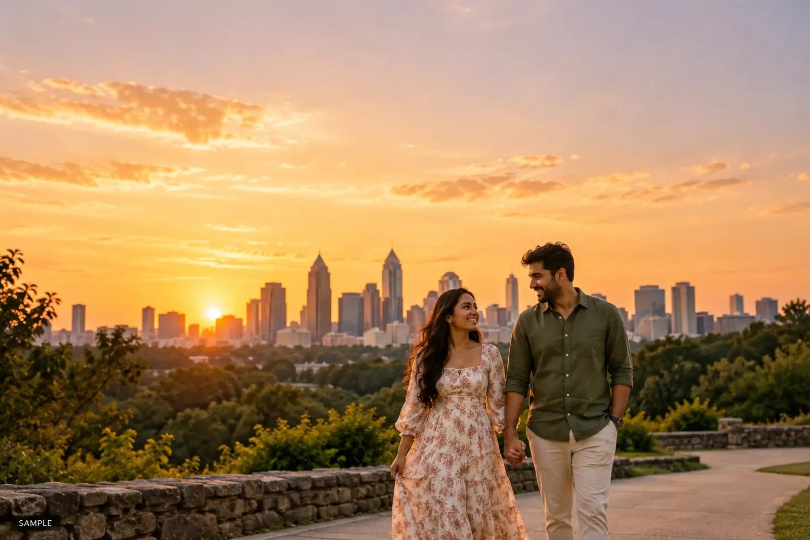 Couple walking hand in hand in a park at golden hour