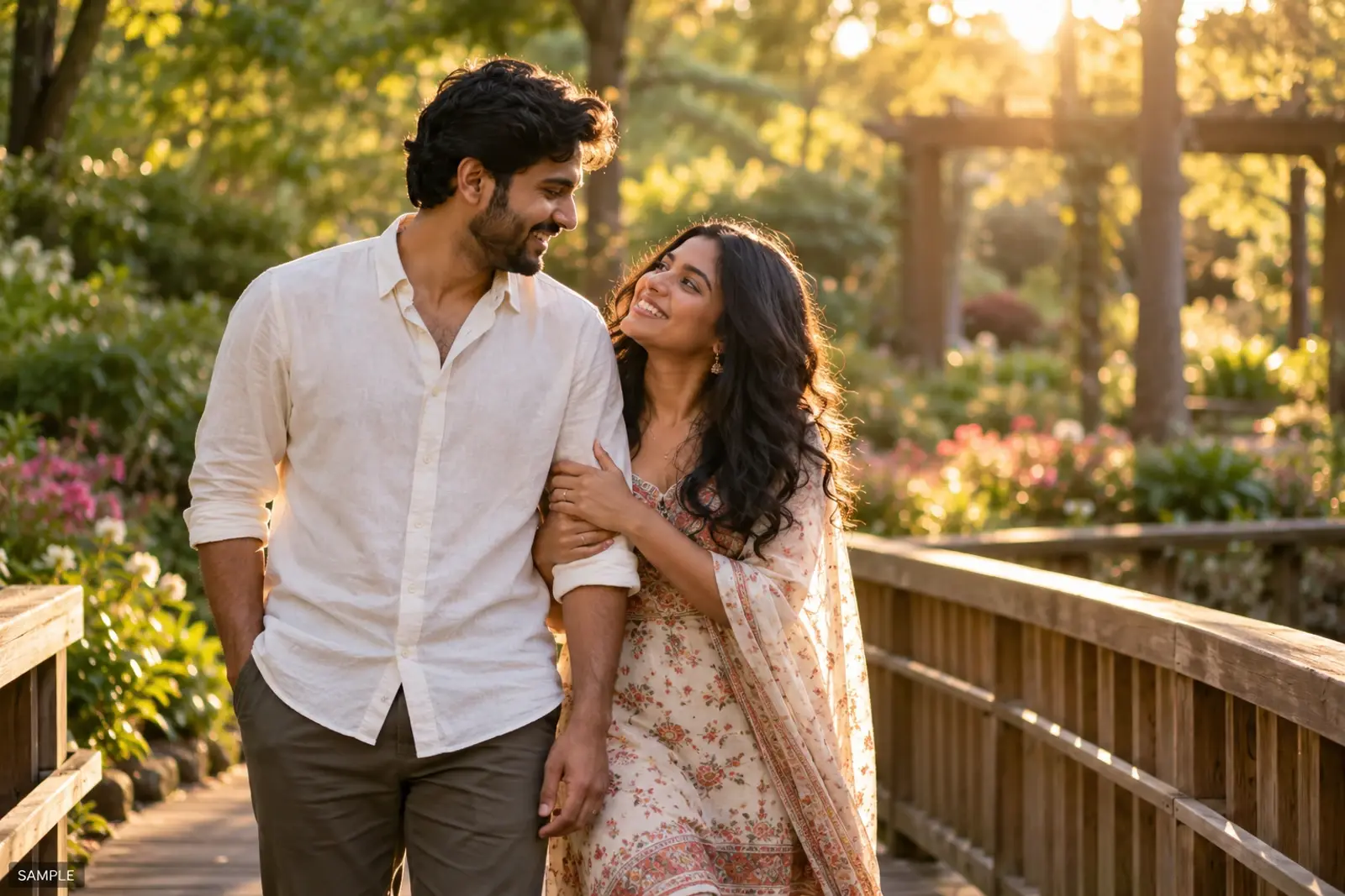 Couple laughing together on a bridge