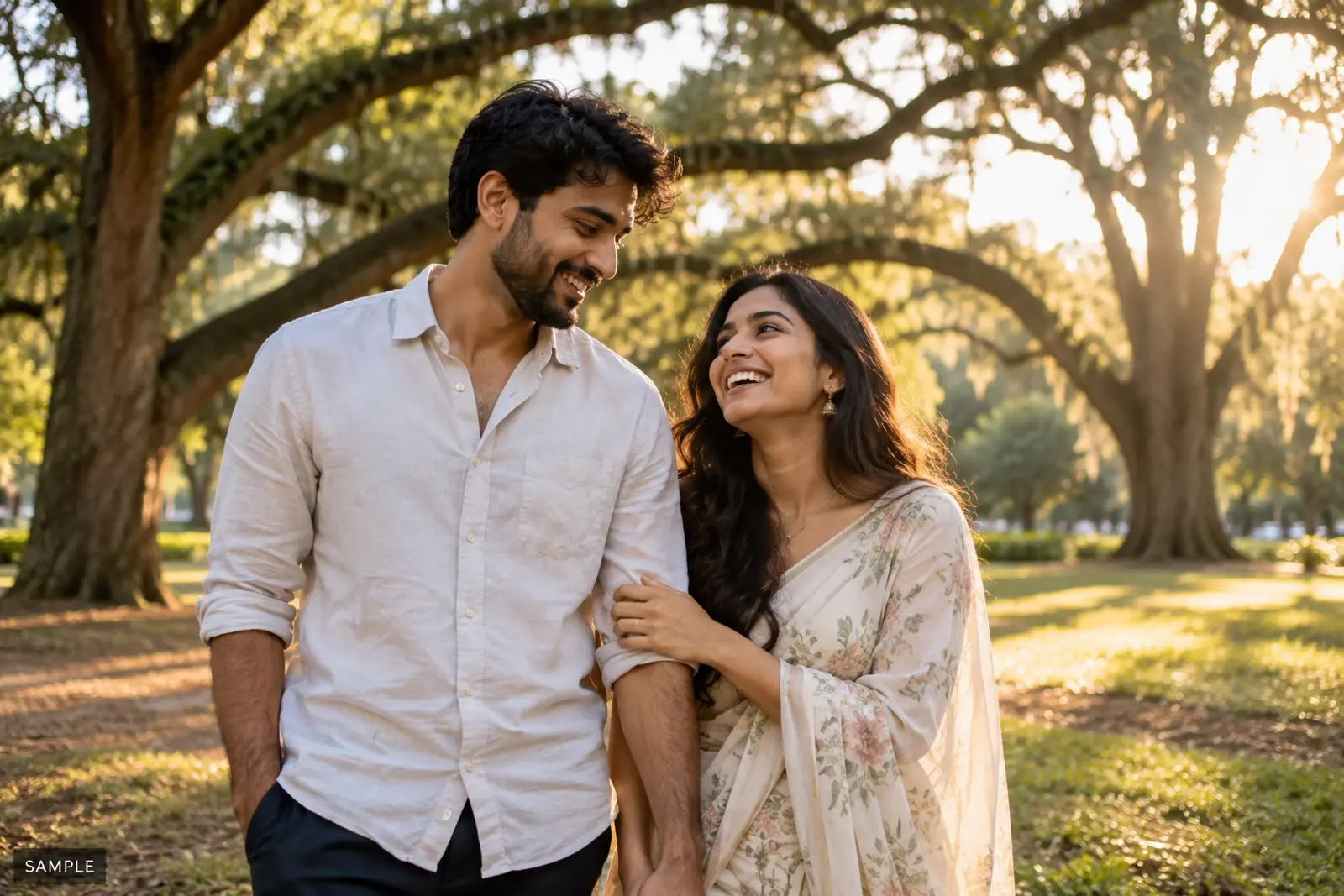 Couple walking under trees in evening light