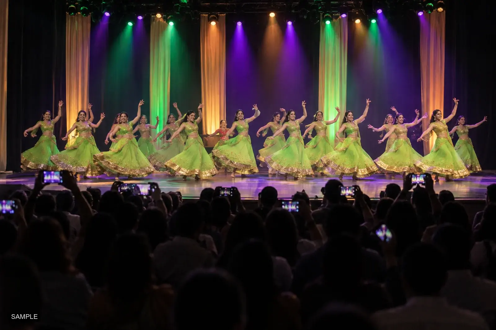A full stage of dancers in matching costumes, seen over the heads of the audience