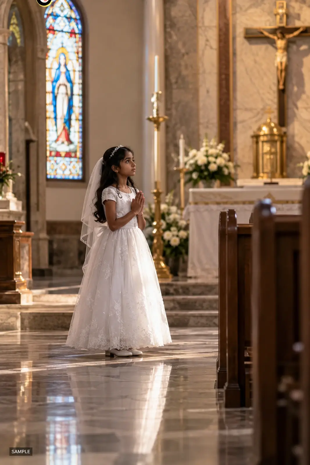 Child in a white first communion outfit outside a church in morning light