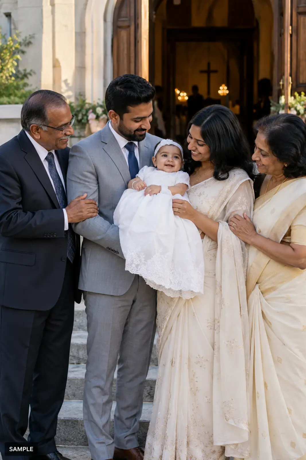 Family standing together at the church doors after a baptism