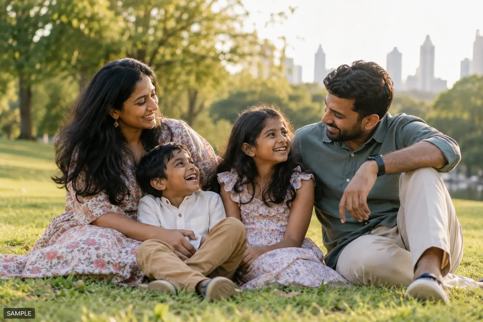 Family of four sitting together on the grass at golden hour