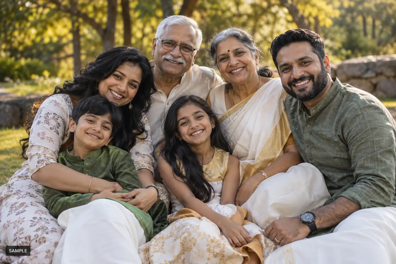 Family sitting close together in a park