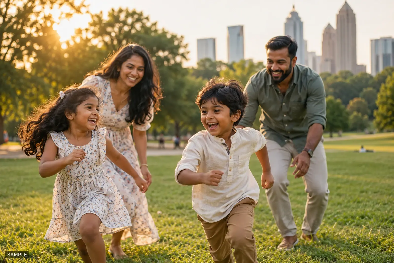 Parents and children laughing on a picnic blanket