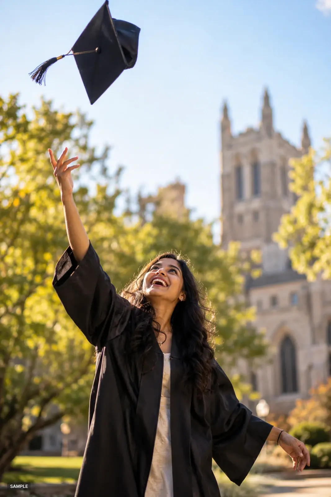 Graduate throwing a cap into the air on a university lawn