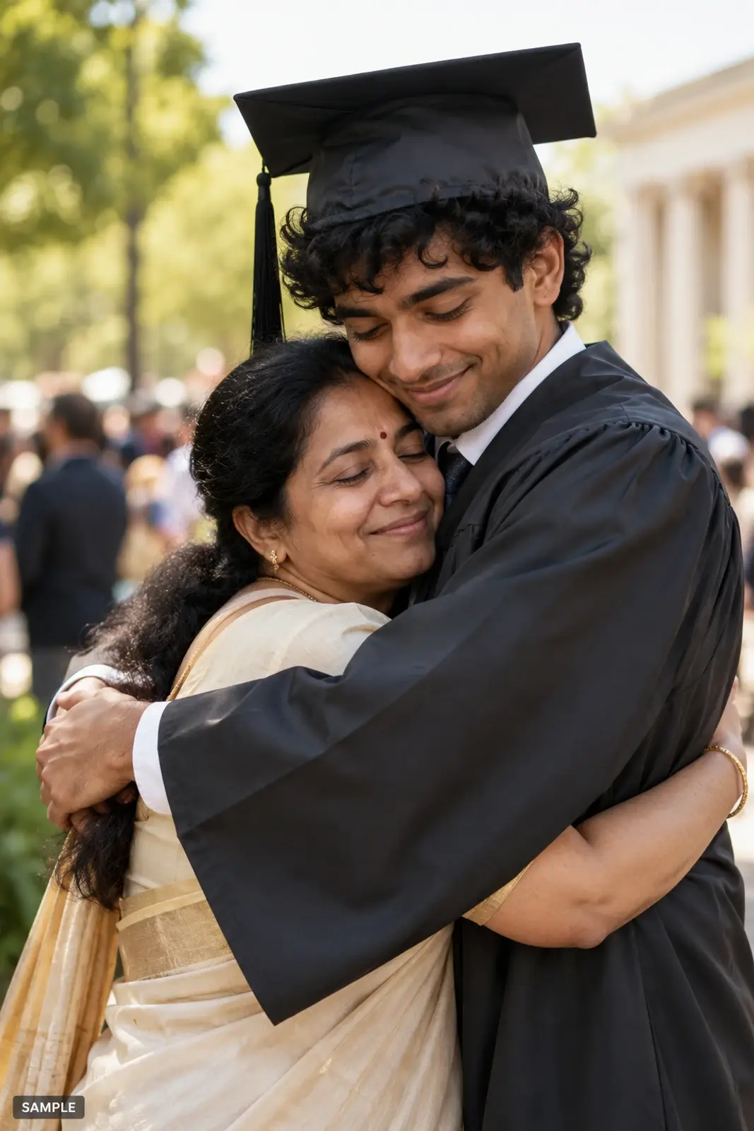 Graduate in cap and gown with family blurred behind