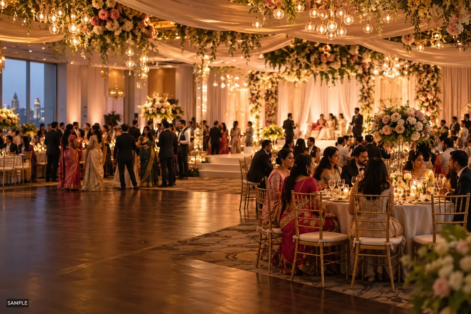 Indian wedding reception in a hall lit with string lights and marigold decor