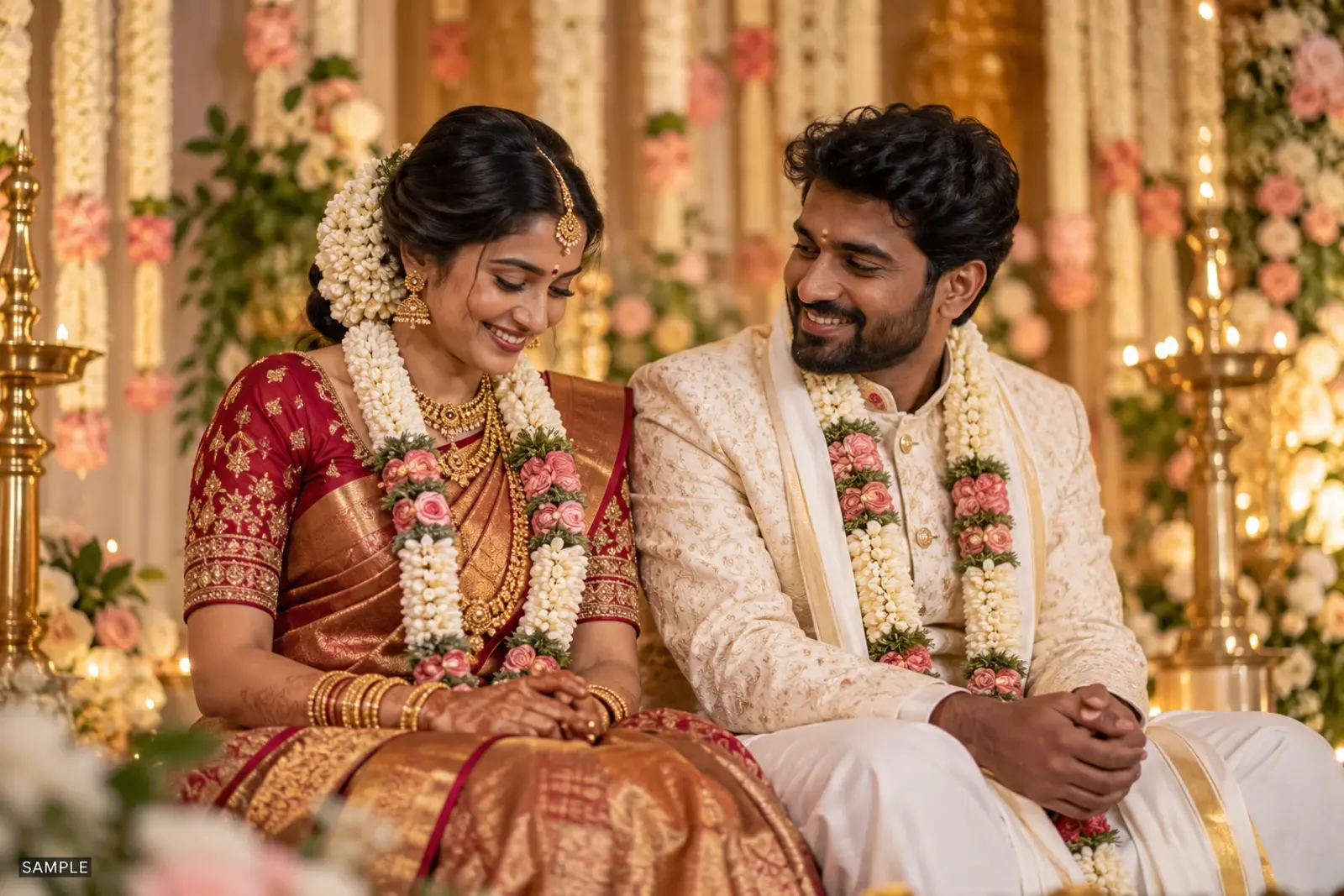 Couple on a decorated reception stage with family around them