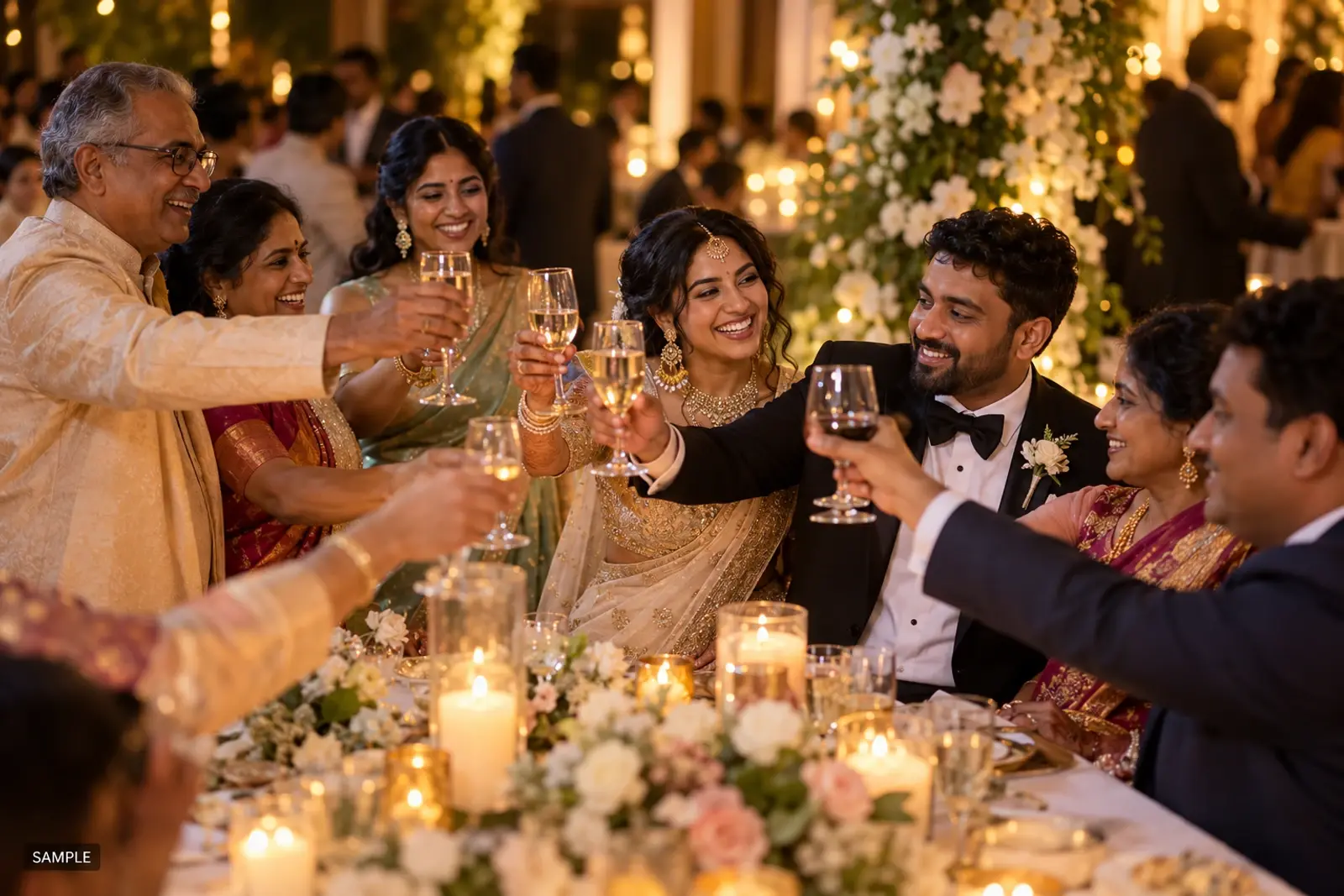 Family raising a toast at a wedding reception