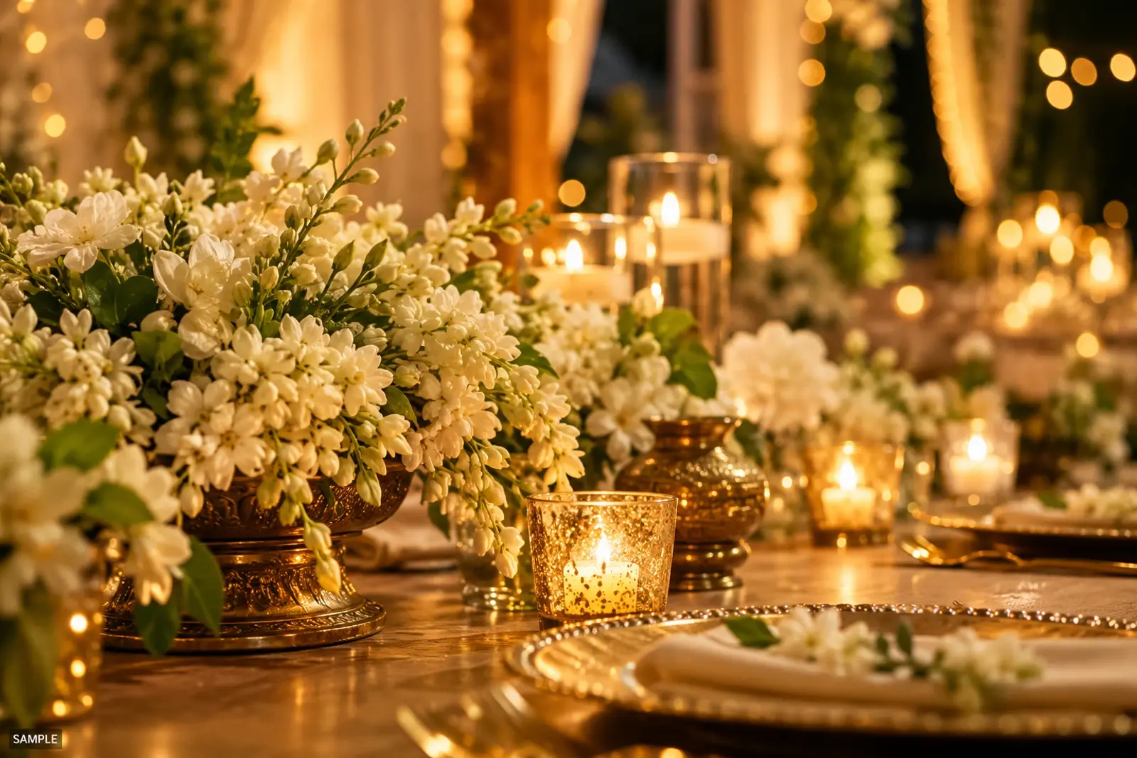 Marigold garlands and decor at an Indian wedding