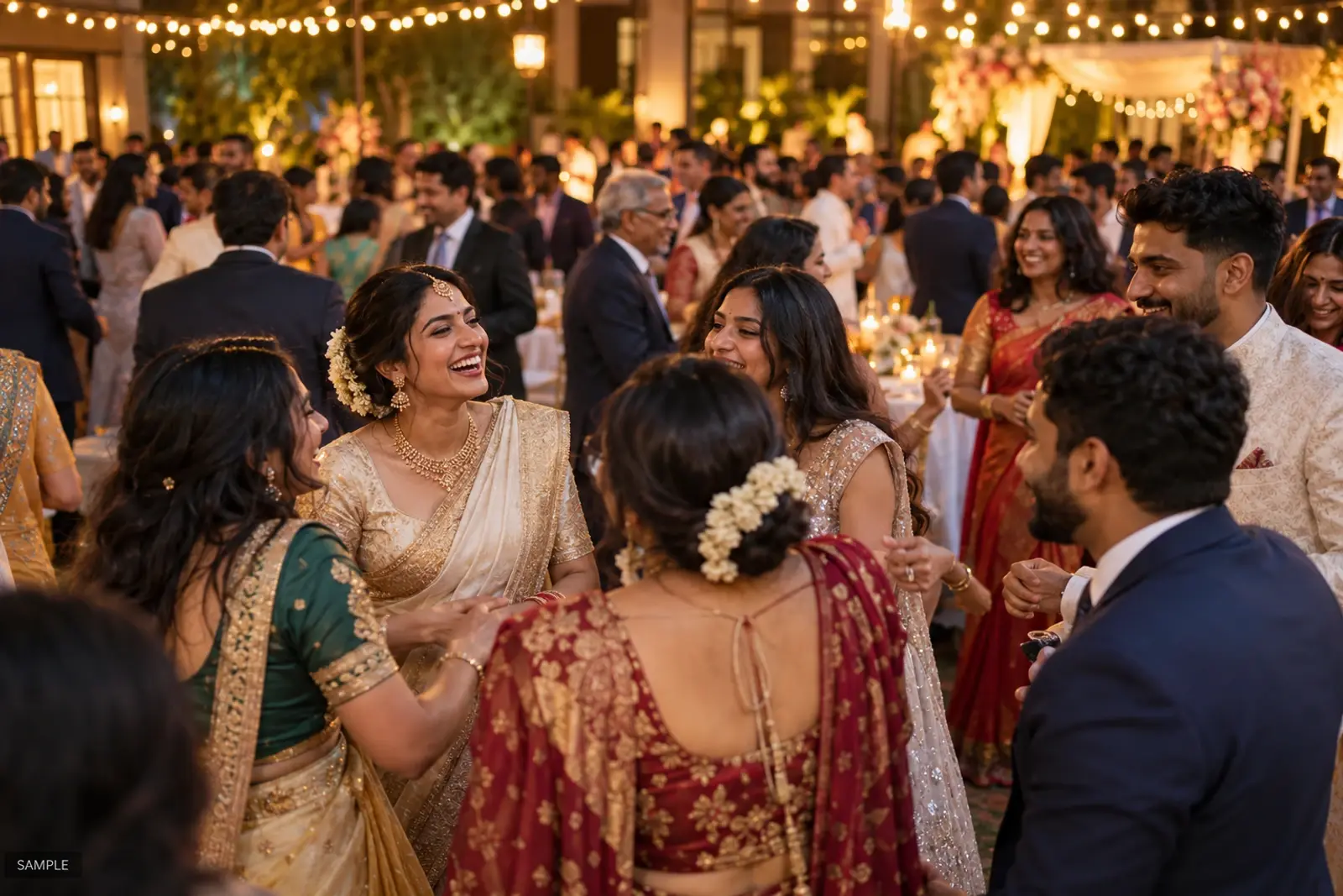Crowd celebrating on the dance floor late in the evening