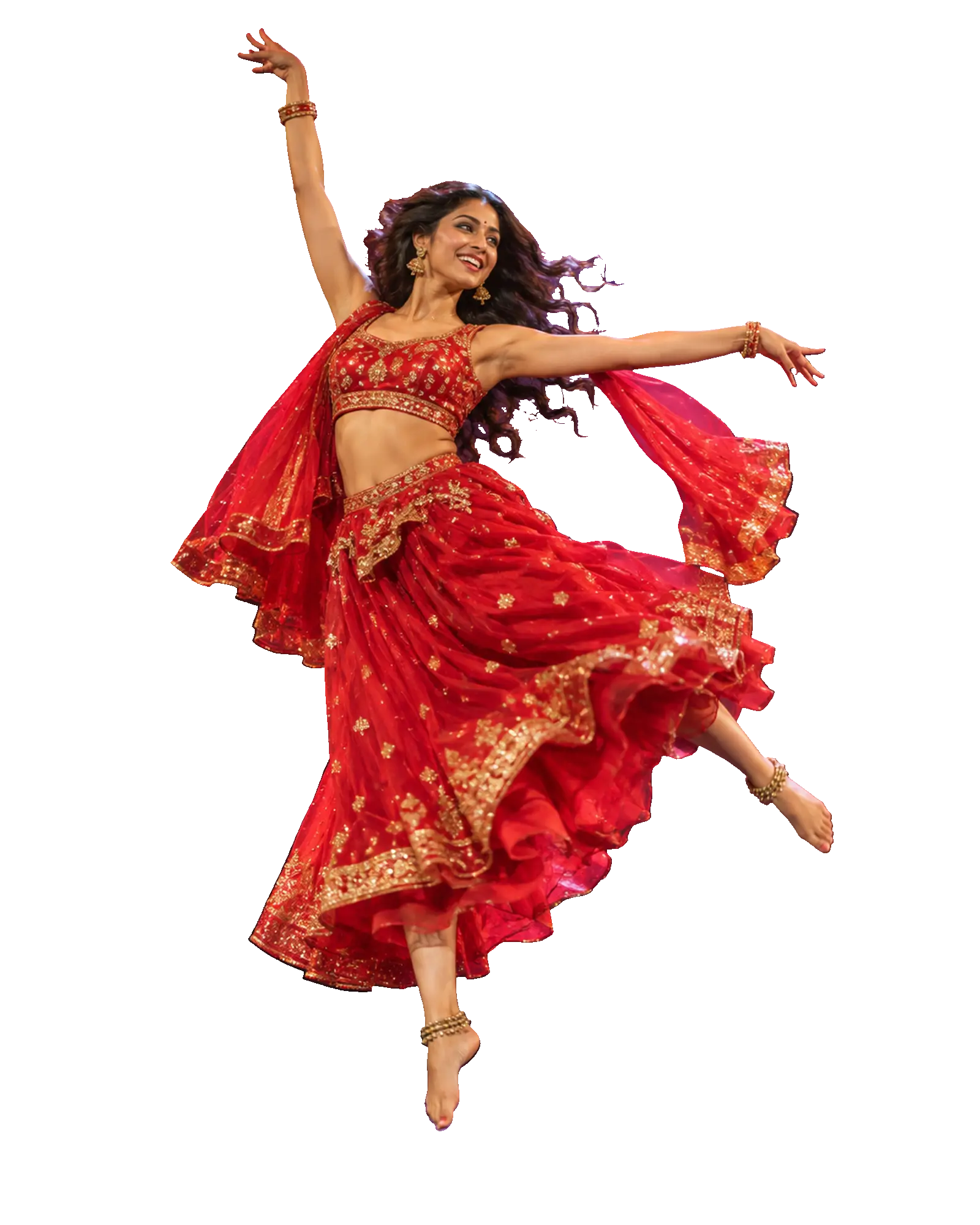 Dancer mid-leap in a bright costume on a concert stage